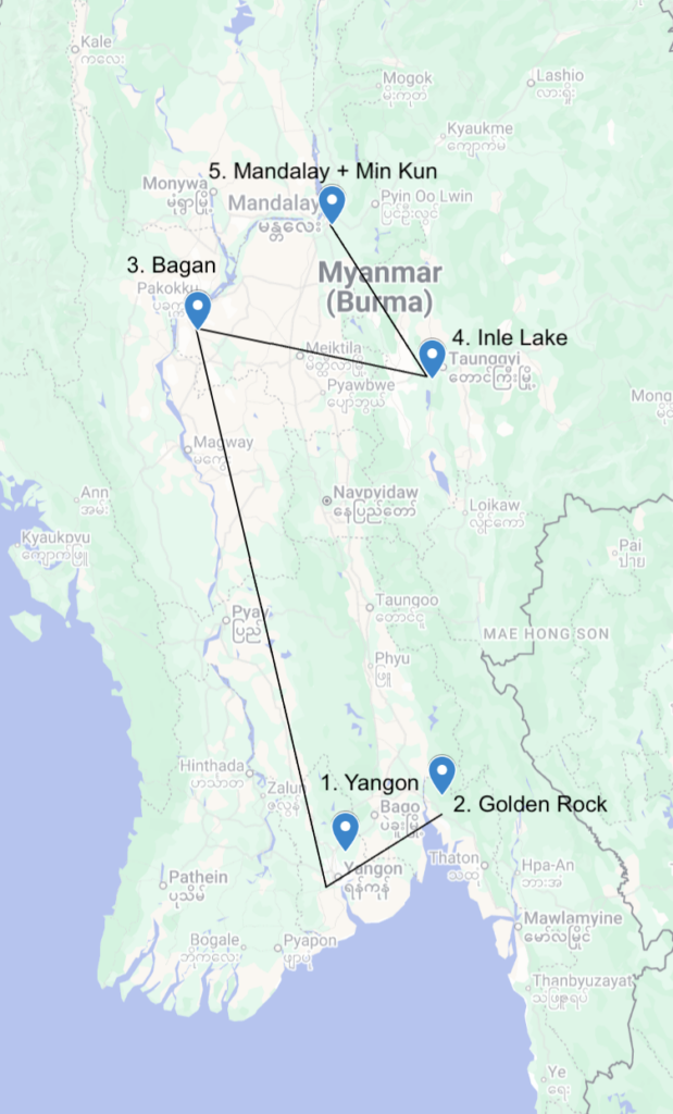 Myanmar Itinerary Map for 10 days