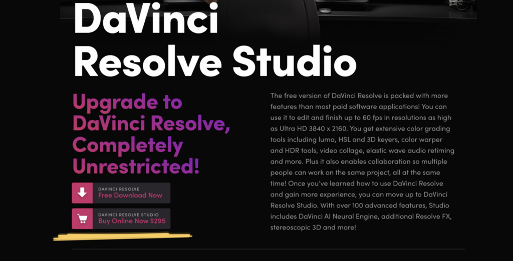 DaVinci Resolve Studio Pricing as of August 2026